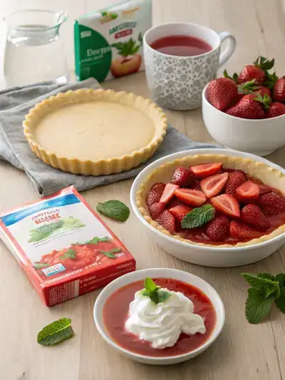 Ingredients for Strawberry Jello Pie arranged on a kitchen table, including pie crust, gelatin, strawberries, and whipped topping.