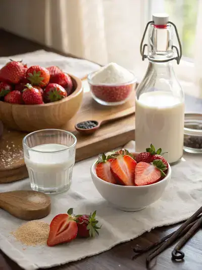 Ingredients for strawberry milk displayed on a kitchen table.