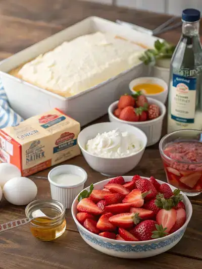Ingredients for Strawberry Shortcake Poke Cake displayed on a kitchen table.