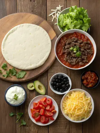 Ingredients for TACO PIZZA displayed on a kitchen table, including pizza dough, salsa, seasoned beef, cheeses, and fresh vegetables.