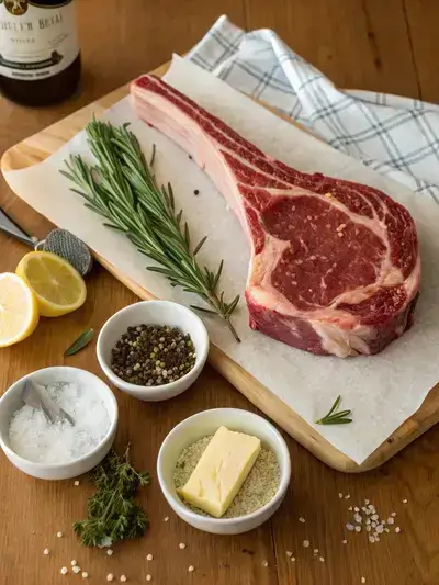 Ingredients for tomahawk steak displayed on a kitchen table, including a large steak, herbs, and seasonings.