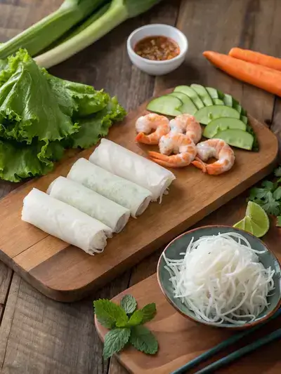 Ingredients for Vietnamese Rice Paper Rolls displayed on a wooden kitchen table, including rice paper wrappers, shrimp, rice vermicelli, lettuce, mint, cilantro, carrot, cucumber, and dipping sauce.