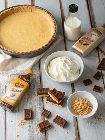 Ingredients for BUTTERFINGER PIE displayed on a kitchen table.