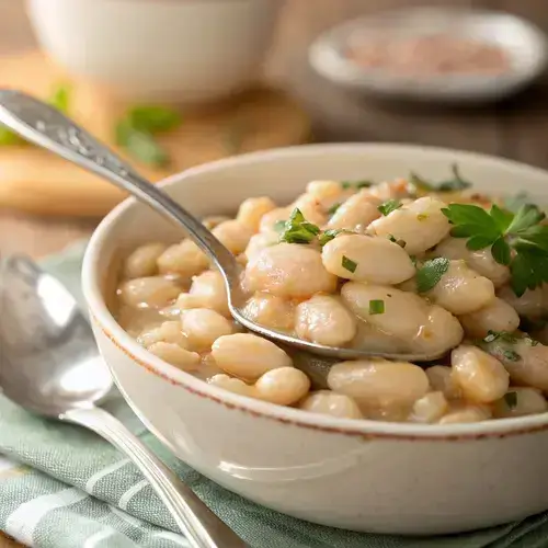 Bowl of glossy white beans with a spoon, surrounded by a softly lit kitchen ambiance.