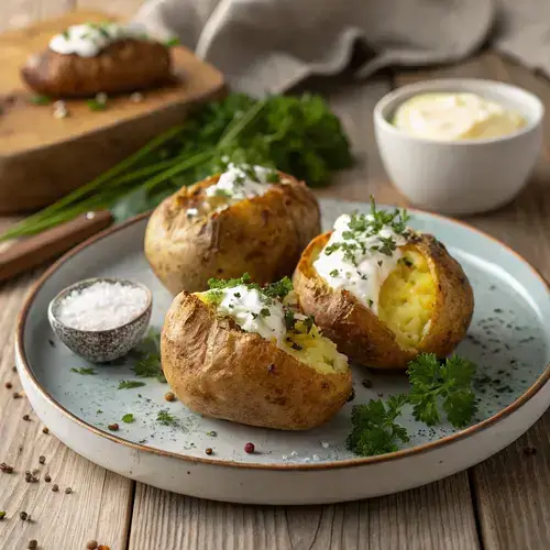 Golden-brown air fryer baked potatoes served with fresh herbs and sour cream.