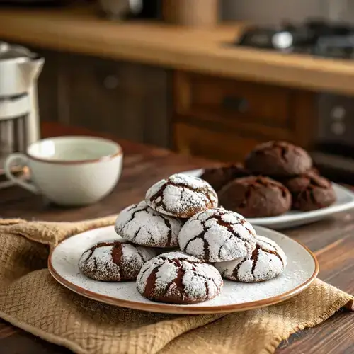 Close-up of BROWNIE CRINKLE COOKIES with a rustic kitchen backdrop.