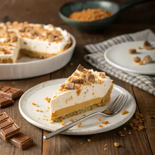 Close-up of a slice of BUTTERFINGER PIE with a fork and Butterfinger bars.