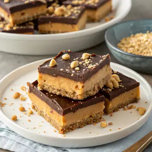 A beautifully arranged platter of buckeye bars, highlighting the layers of chocolate and peanut butter.