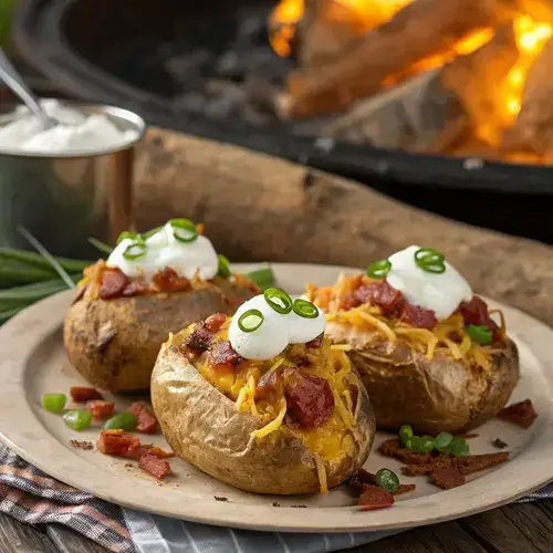 CAMPFIRE POTATOES ready to be served, showcasing the delicious stuffing and toppings.