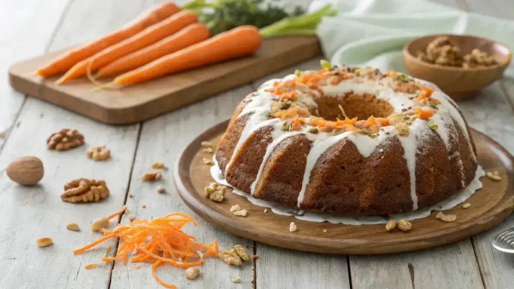 Delicious carrot bundt cake with cream cheese glaze and powdered sugar on a wooden table.