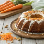 Delicious carrot bundt cake with cream cheese glaze and powdered sugar on a wooden table.