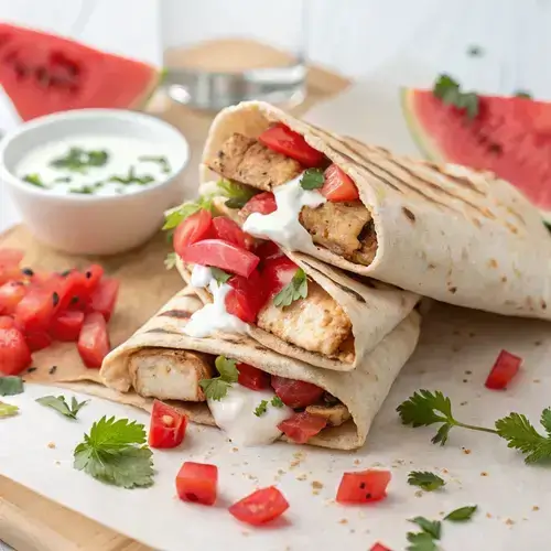 Stacked chicken shawarma wrap on a blurred background, highlighting its fresh ingredients and textures.