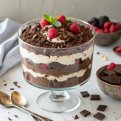 Close-up of a Chocolate Cheesecake Trifle with layers of chocolate and cookie, garnished with berries.