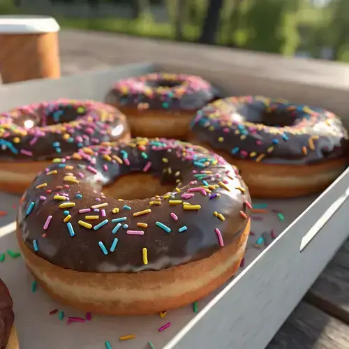 Photorealistic image of chocolate glazed donuts with sprinkles, partially visible box, and wooden background.