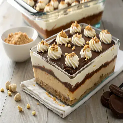 Irresistible Peanut Butter Lasagna dessert with a chocolate cookie base and toppings on a white plate against a turquoise backdrop.
