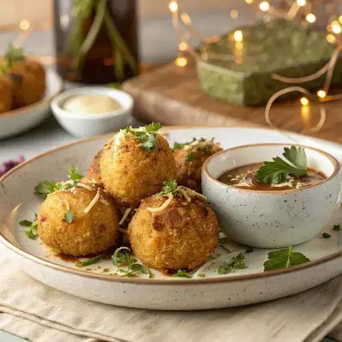Crispy Onion Bombs on a plate with fresh herbs and a dipping sauce.