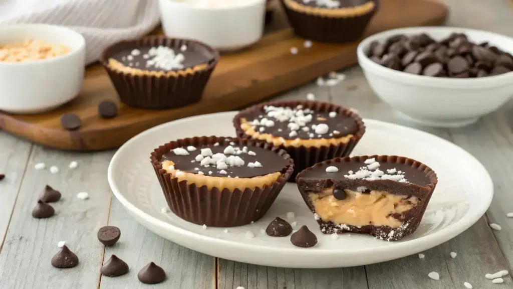 Delicious homemade PEANUT BUTTER MARSHMALLOW CUPS on a rustic wooden table.