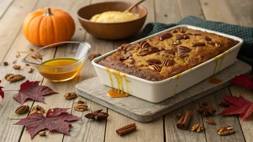 Delicious pumpkin dump cake topped with pecans and butter, served on a wooden table.