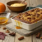 Delicious pumpkin dump cake topped with pecans and butter, served on a wooden table.