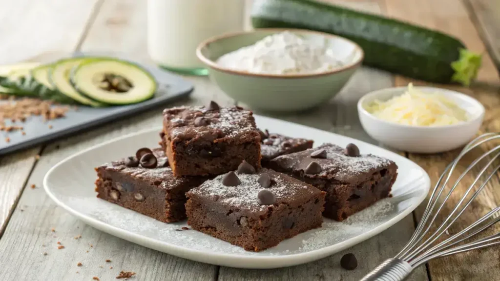 Delicious ZUCCHINI BROWNIES on a rustic wooden table, garnished with powdered sugar.