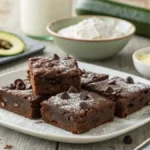 Delicious ZUCCHINI BROWNIES on a rustic wooden table, garnished with powdered sugar.