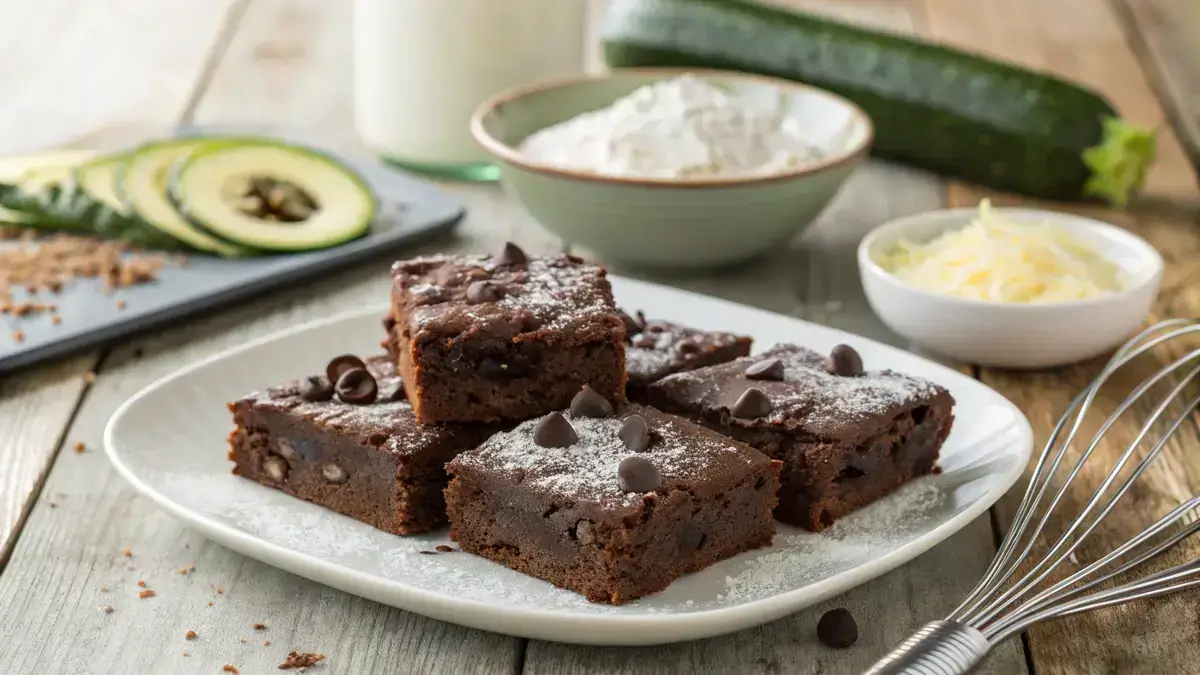 Delicious ZUCCHINI BROWNIES on a rustic wooden table, garnished with powdered sugar.