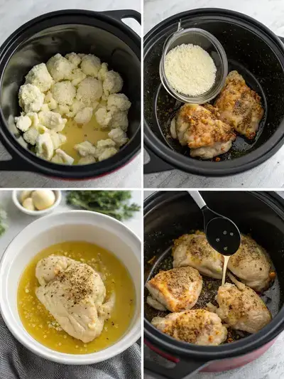 Step-by-step preparation of Keto Crockpot Recipes showcasing chicken thighs, garlic, and cauliflower in a creamy sauce topped with mozzarella cheese.