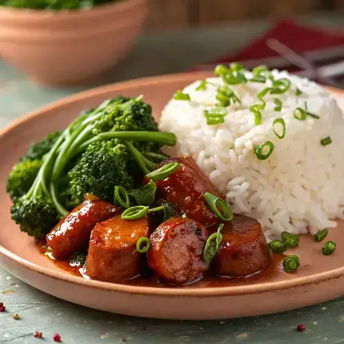 A terracotta plate filled with kielbasa and rice, featuring glossy sausage pieces and fresh broccolini, set against a softly textured background.