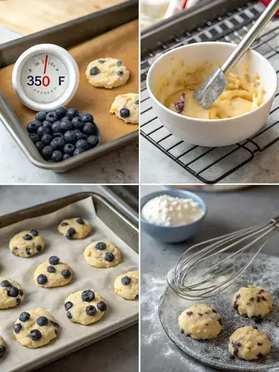 Step-by-step process of making BLUEBERRY COOKIES, including preheating the oven, mixing dry ingredients, creaming butter and sugar, and folding in blueberries.