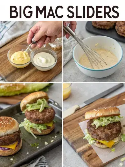 A captivating visual display of the process for making Big Mac Sliders, featuring creamy sauce, flavorful beef patties, and fresh toppings.