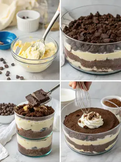 Step-by-step process of making Chocolate Cheesecake Trifle, showcasing cookie crust, cheesecake mixture, whipped cream, and pudding layers.