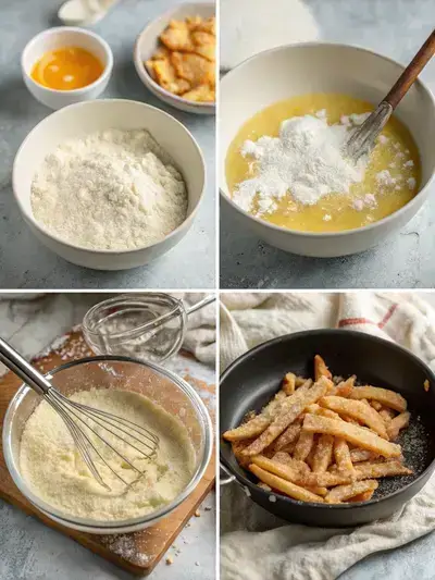 Step-by-step process of making funnel cake fries, including mixing dry and wet ingredients, combining them into a batter, and preparing to fry in hot oil.