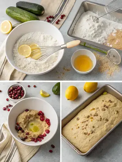 Step-by-step process of making LEMON CRANBERRY ZUCCHINI BREAD, including mixing dry and wet ingredients, pouring batter into a loaf pan, and the finished bread cooling on a rack.