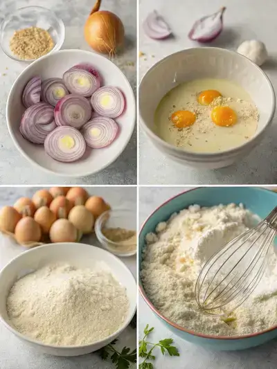 Step-by-step process of making Onion Bombs, including sliced onions, egg mixture, dry ingredients, and coating process.
