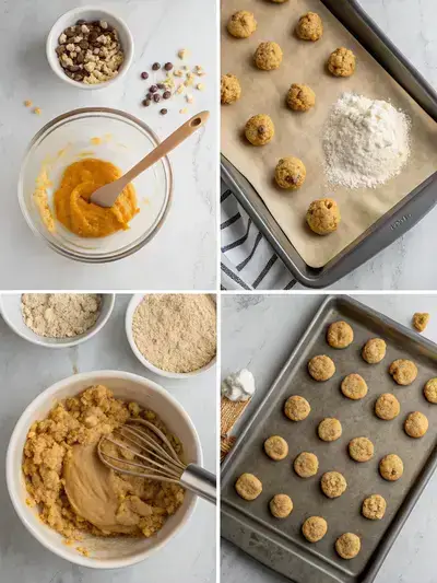 Step-by-step process of making protein cookies, including mixing wet and dry ingredients and preparing the dough.