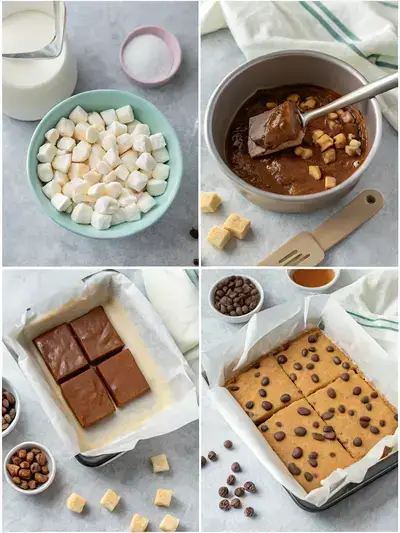 Step-by-step process of making ROCKY ROAD FUDGE, including lining the pan, melting ingredients, adding flavor, and folding in marshmallows and nuts.