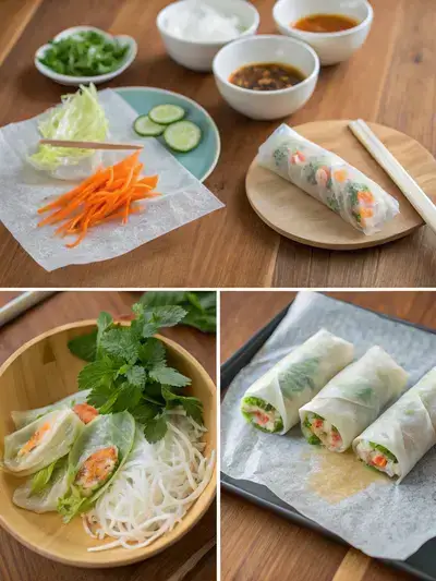 Step-by-step process of making Vietnamese Rice Paper Rolls, including preparation of fillings, softening rice paper, assembling the rolls, and rolling them up.