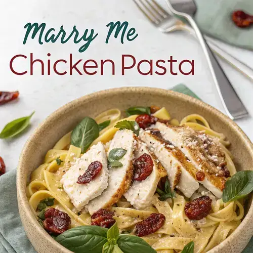 Close-up of marry me chicken pasta with creamy sauce and vibrant toppings.