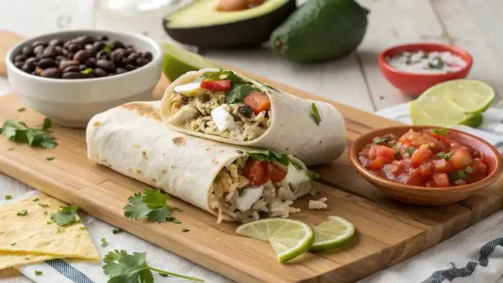 Delicious chicken burrito cut in half, revealing colorful layers of chicken, rice, and beans.