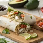 Delicious chicken burrito cut in half, revealing colorful layers of chicken, rice, and beans.