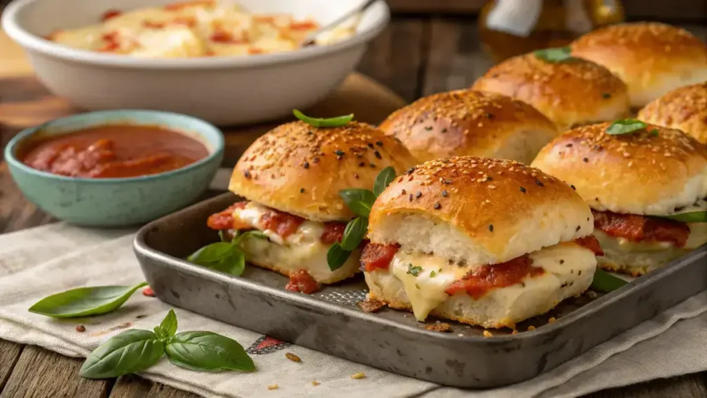 A close-up of pizza sliders with melted cheese and pepperoni, garnished with basil.