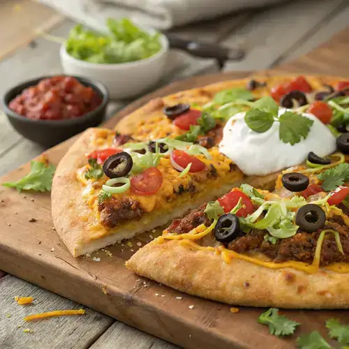 TACO PIZZA with vibrant toppings and melted cheese on a wooden table.