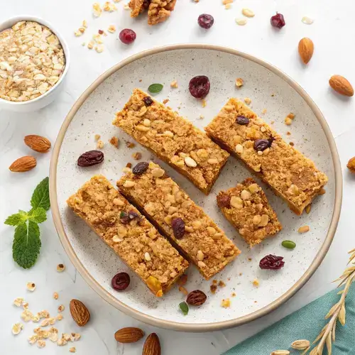 Close-up of homemade granola bars cut into squares, with a drizzle of honey on top.