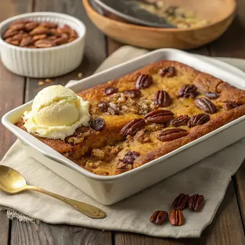 Pecan Dump Cake with a crispy top and pecans, served in a baking dish.