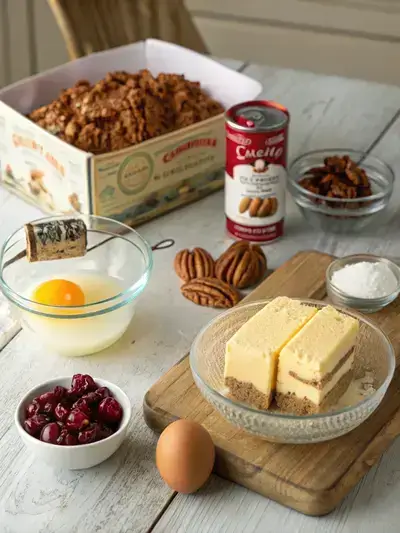 Ingredients for Pecan Dump Cake displayed on a kitchen table.