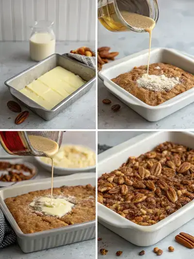 Step-by-step preparation of Pecan Dump Cake, showcasing greasing the dish, adding pie filling, sprinkling pecans, and drizzling butter.