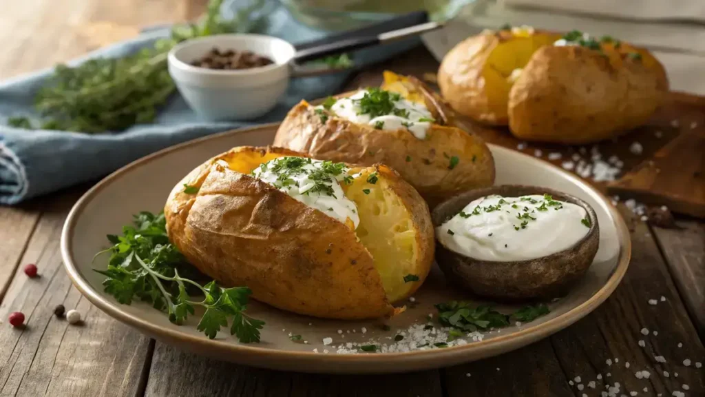 Delicious air fryer baked potatoes garnished with herbs and sour cream on a wooden table.