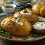 Delicious air fryer baked potatoes garnished with herbs and sour cream on a wooden table.