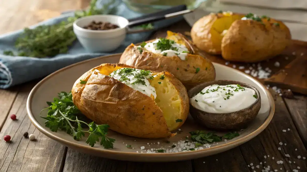 Delicious air fryer baked potatoes garnished with herbs and sour cream on a wooden table.