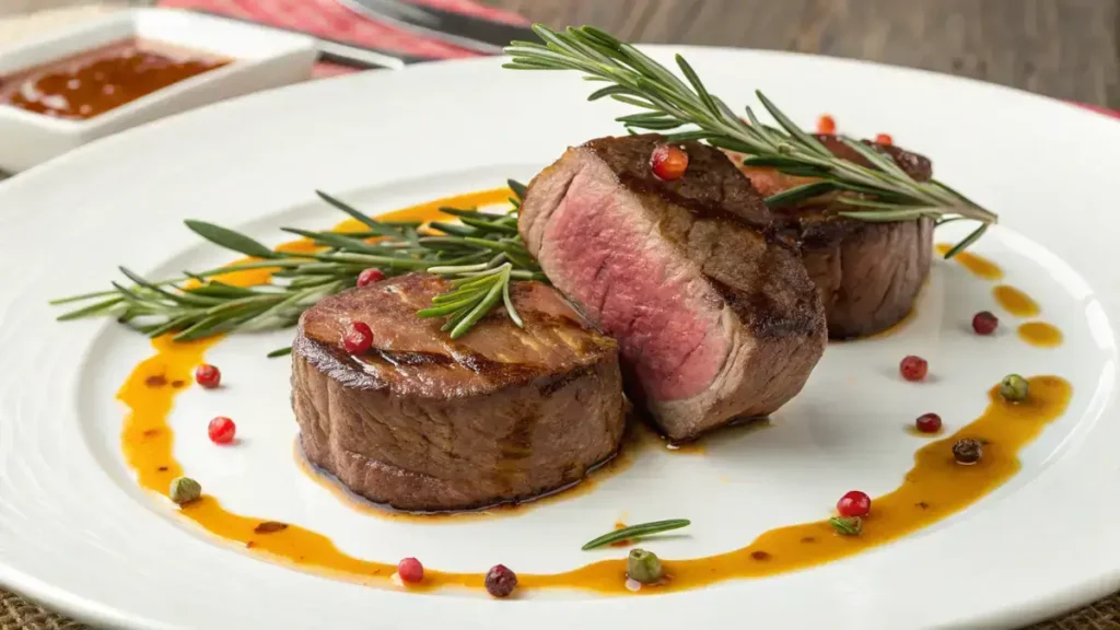 Delicious beef medallions garnished with rosemary and served with pan juices.